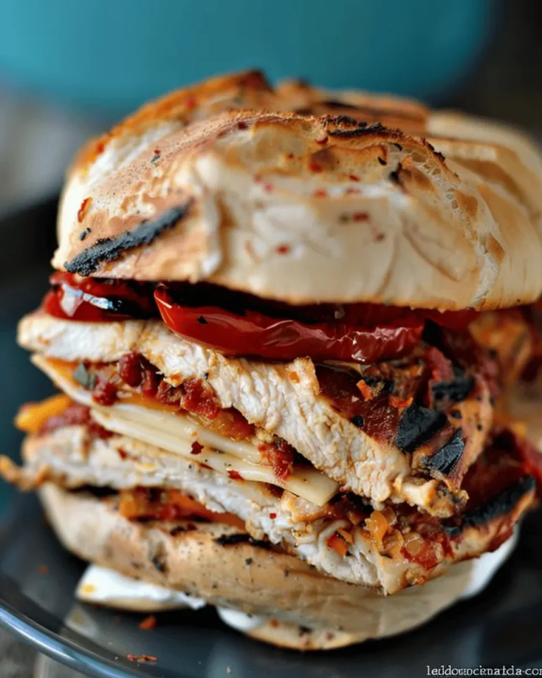 Grilled Smoked Chicken Sandwich with Roasted Red Peppers, Mozzarella, and Red and Yellow Pepper Pesto