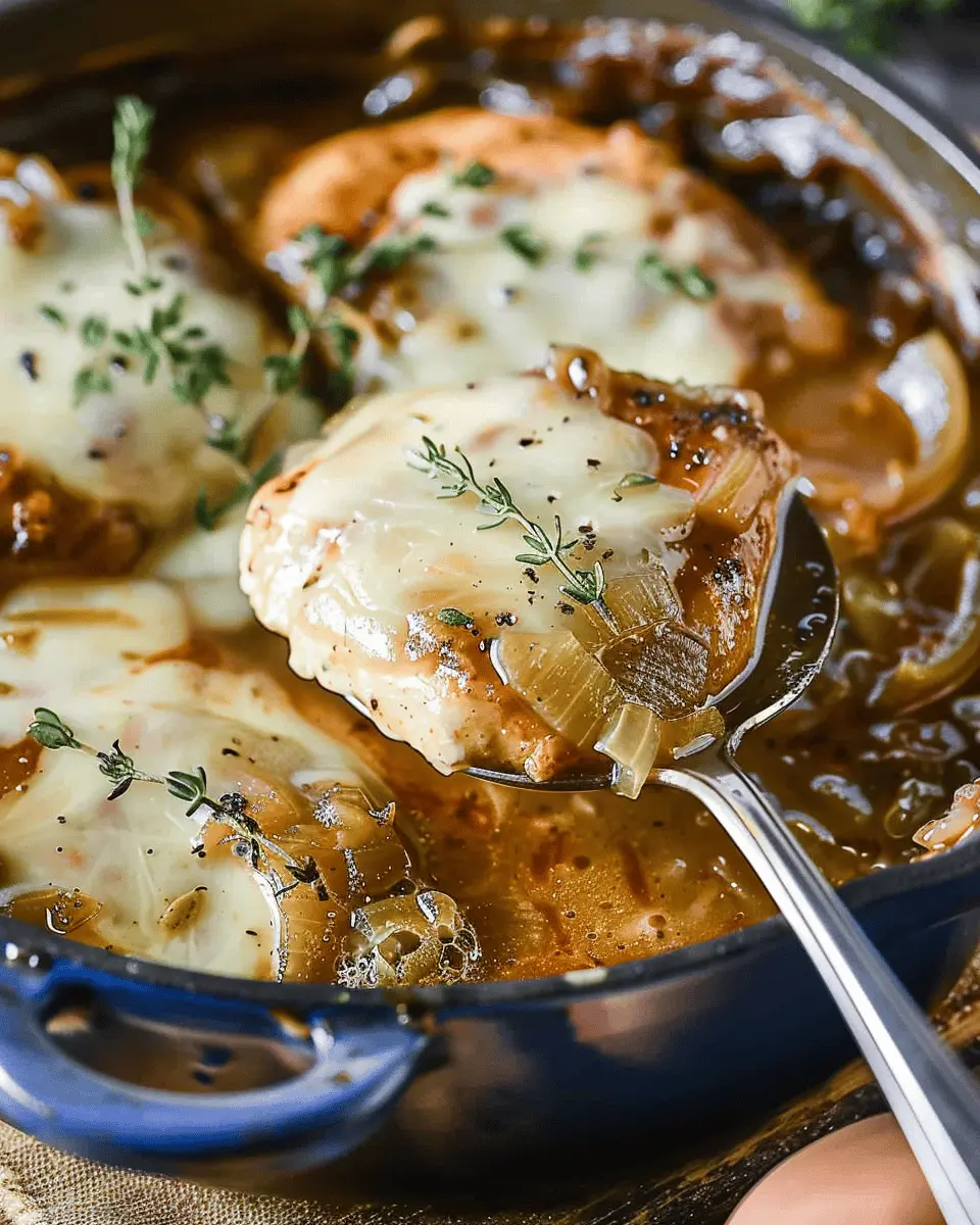 French Onion Chicken Soup with Turkey Bacon for Comforting Flavor