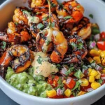 grilled shrimp bowl with avocado corn salsa & creamy garlic sauce