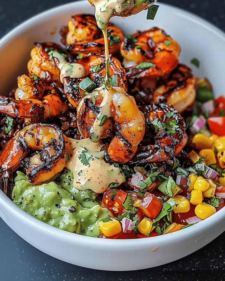 grilled shrimp bowl with avocado corn salsa & creamy garlic sauce