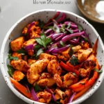 healthy spicy chicken and roasted vegetable bowls