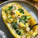 Stuffed Spaghetti Squash with Broccoli Spicy Italian Sausage and Cheddar Cheese