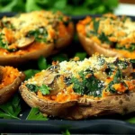 creamy mushroom and spinach stuffed sweet potatoes