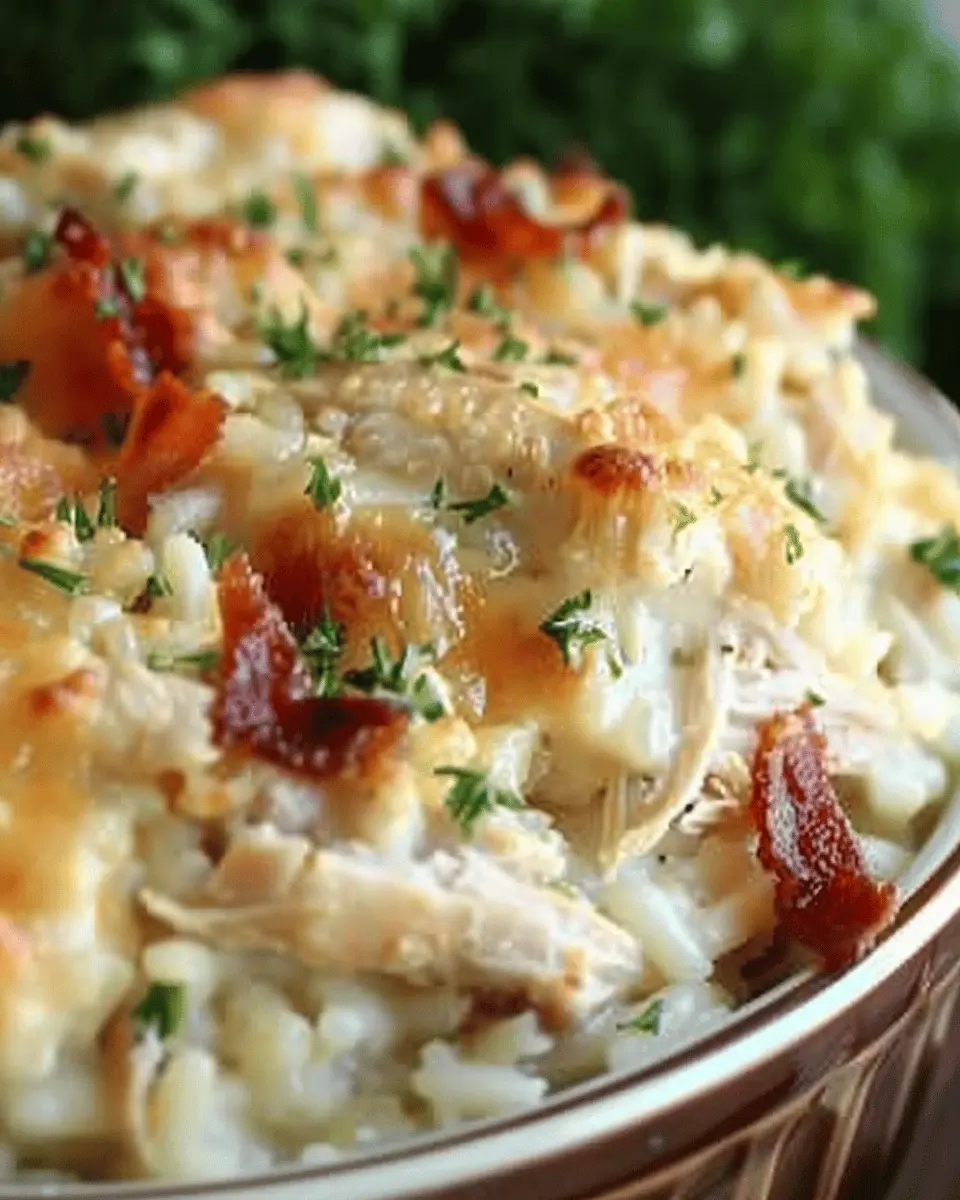 Dump-and-Bake Chicken Alfredo Rice Casserole with Turkey Bacon Delight