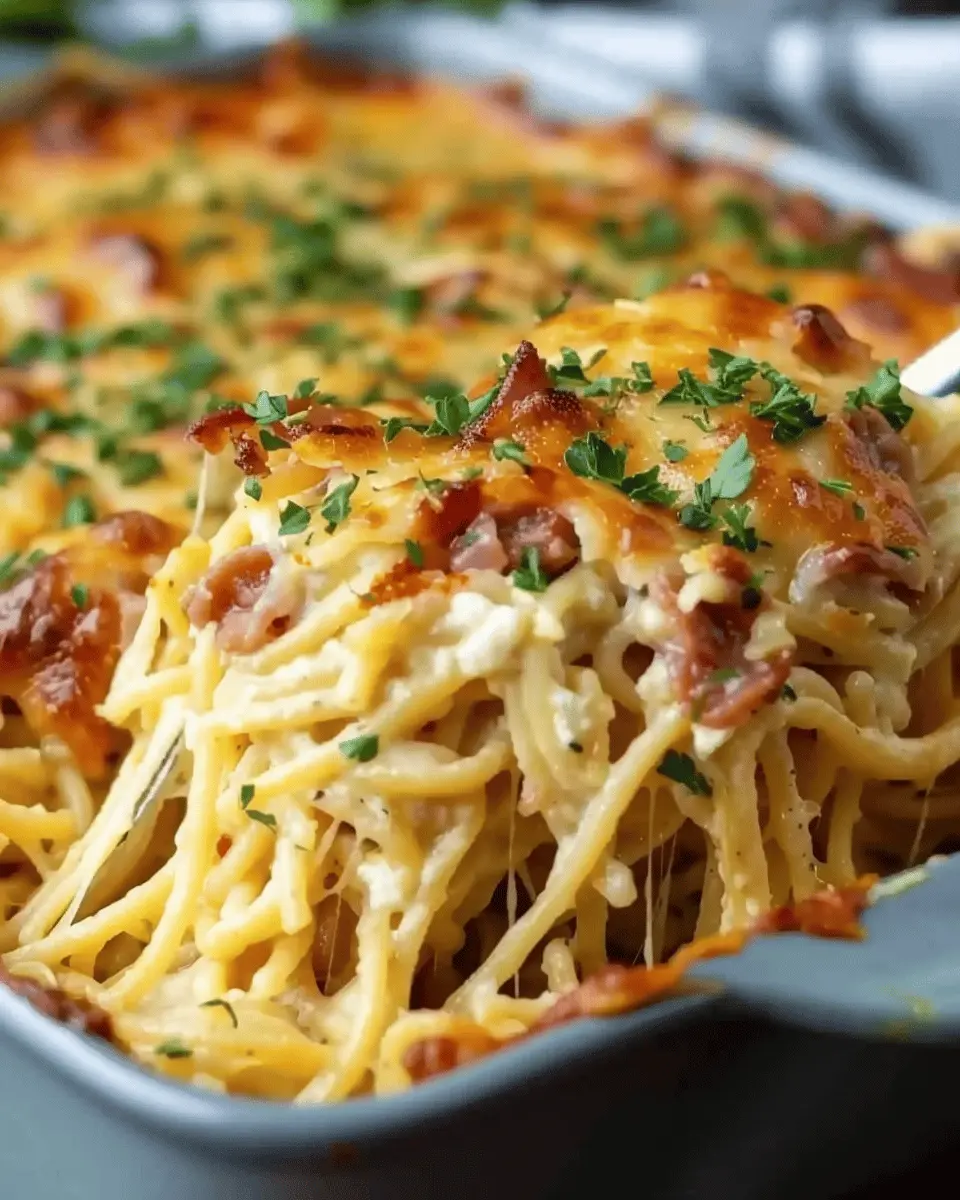 Creamy Southern Spaghetti Bake with Turkey Bacon and Chicken Ham