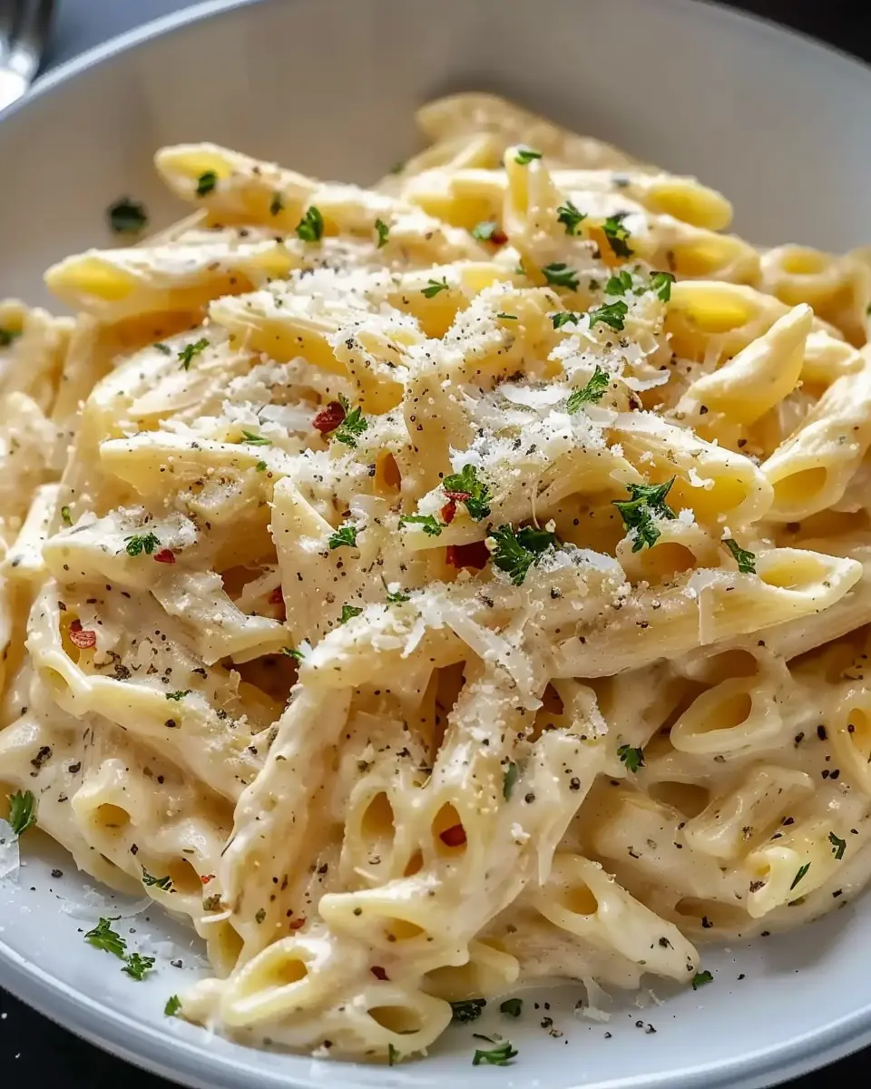 One Pot Creamy Garlic Pasta with Turkey Bacon and Chicken Ham