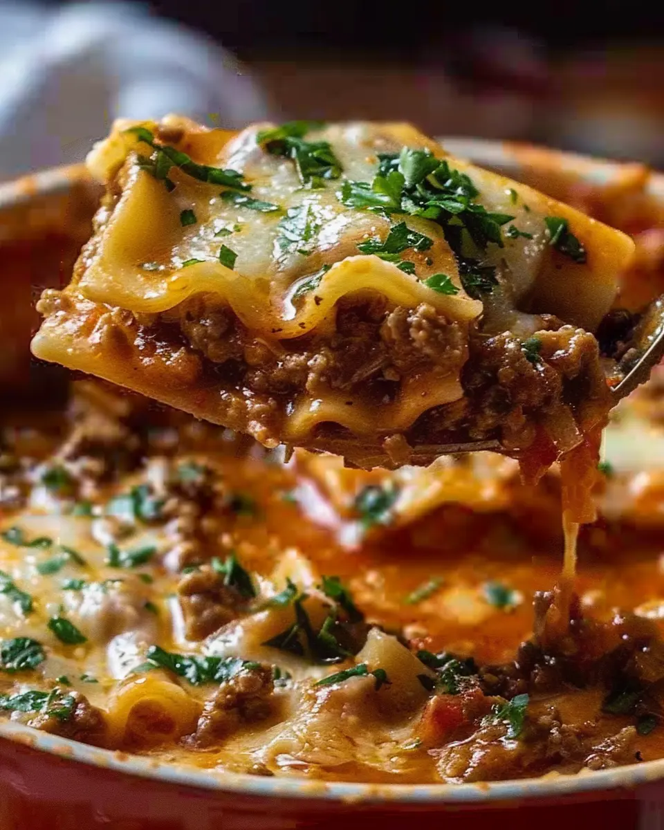 Mouthwatering One Pot Lasagna Soup with Turkey Bacon and Chicken Ham