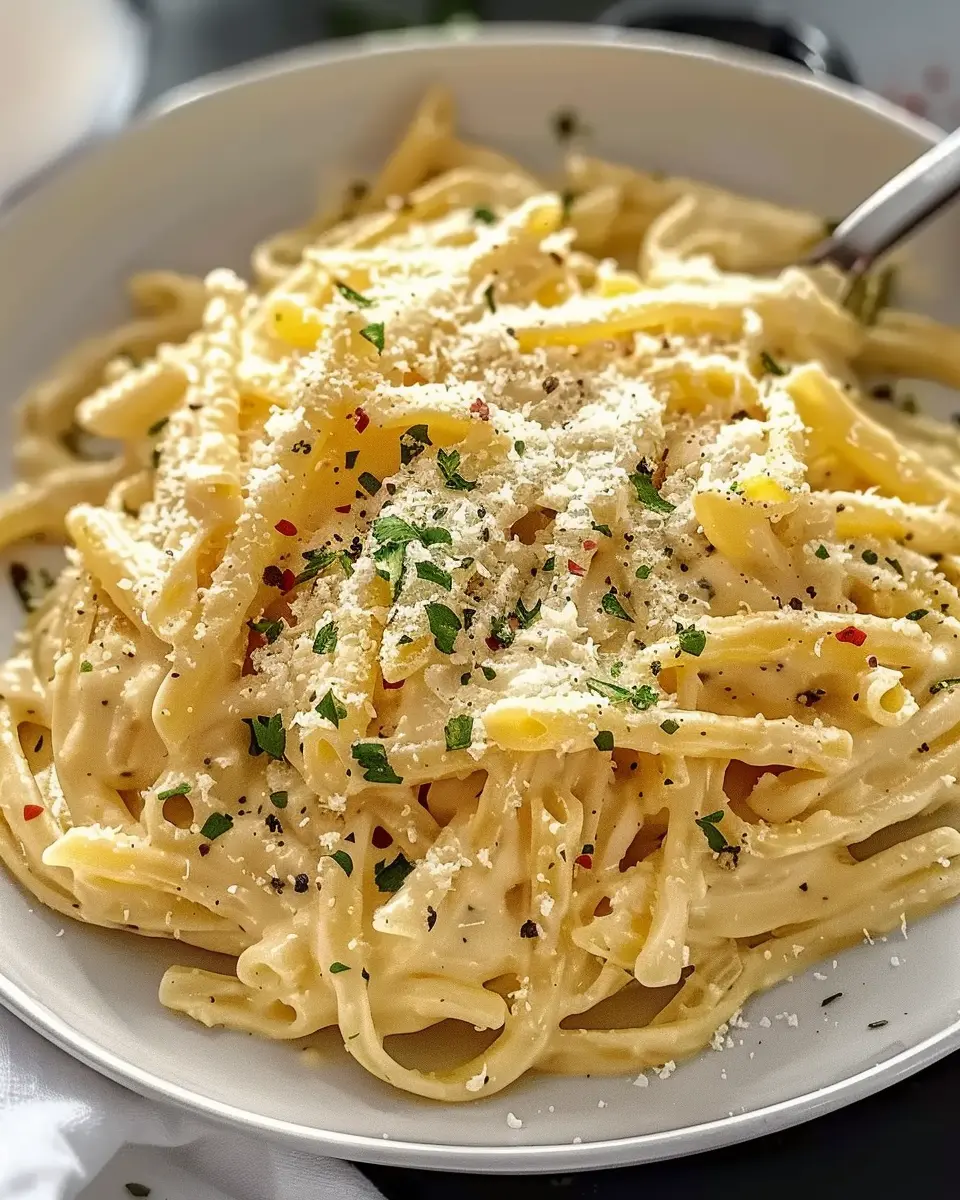 One Pot Creamy Garlic Pasta with Turkey Bacon and Chicken Ham