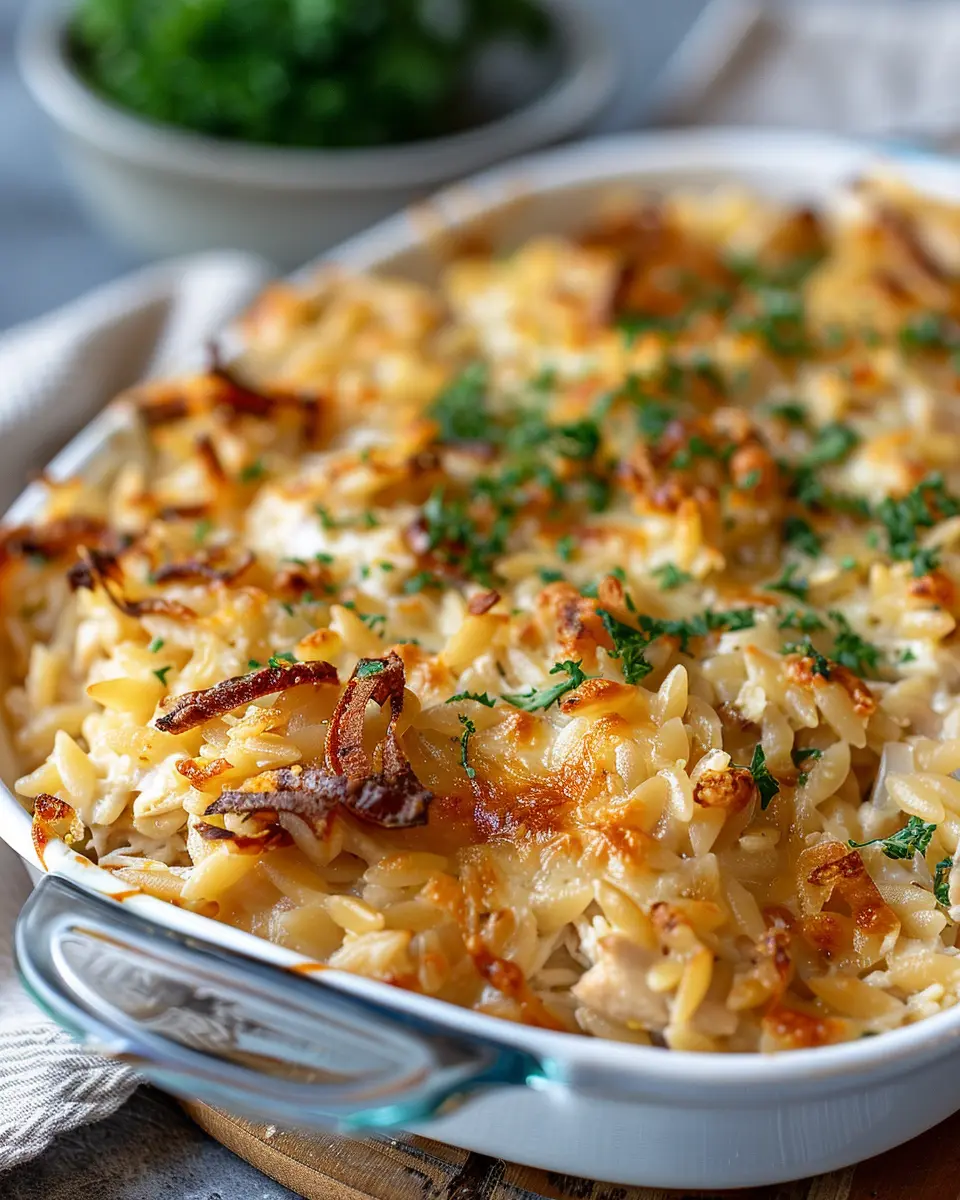 French Onion Chicken Orzo Casserole with Turkey Bacon Bliss