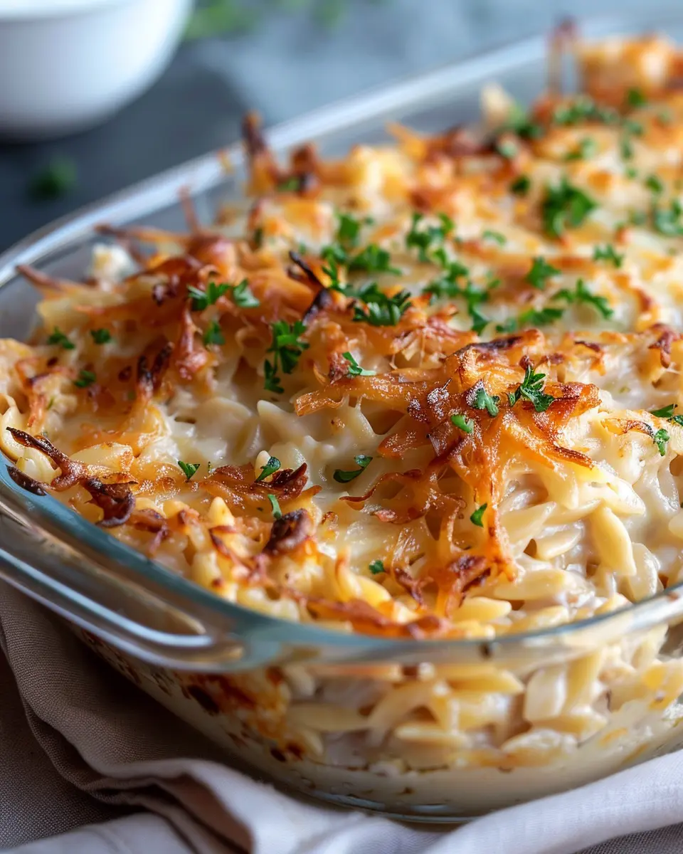 French Onion Chicken Orzo Casserole with Turkey Bacon Delight