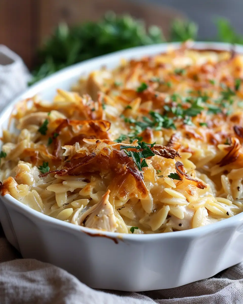 French Onion Chicken Orzo Casserole with Savory Turkey Bacon Twist